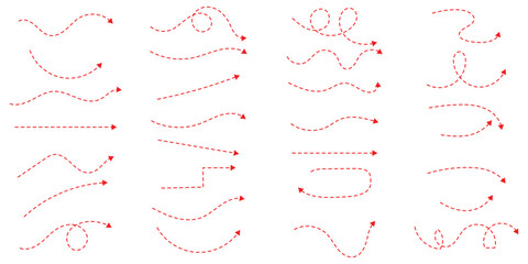 Hand drawn curve dotted line arrow set. curved pointers sign. Sketch curved dashed arrows. signpost showing a confusing complex path. Dashed arrows