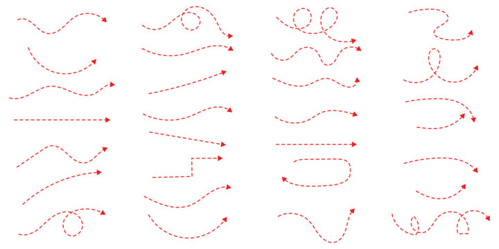 Hand drawn curve dotted line arrow set. curved pointers sign. Sketch curved dashed arrows. signpost showing a confusing complex path. Dashed arrows