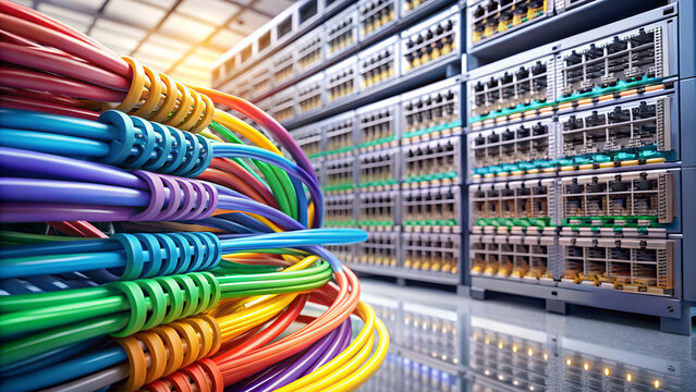 Colorful network cables connected to server racks in a modern data center for communication - Powered by Adobe