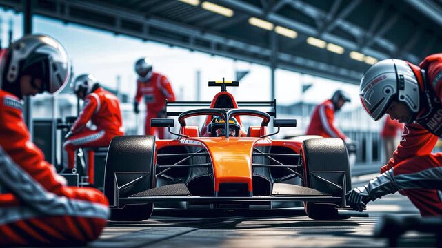 Formula Race Car in Pit Stop with Professional Crew