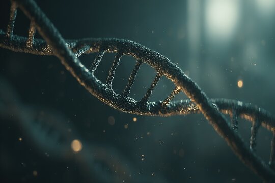 Molecular structure of DNA with intricate details and glowing elements captured in a dark environment