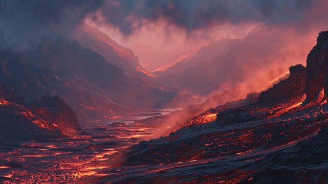 Volcanic landscape with flowing lava and dark clouds creating a dramatic atmosphere view scene