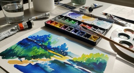 Watercolor painting in progress with colorful paint palette and brush