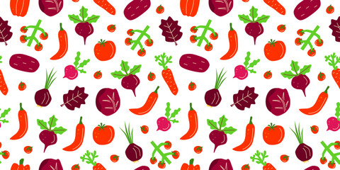 Seamless pattern with cute hand drawn flat red vegetables on white background. Healthy vegetarian nutrition. Colorful vitamin food in modern style. Autumn harvest farm festival.