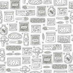Seamless pattern with cute hand drawn outline vegan high protein food sources. Background with plant based healthy products.