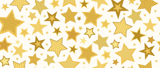 A golden pattern with stars on a light background for festive designs. A seamless decorative element for birthday, Christmas, New Year, and Valentine's Day celebrations.