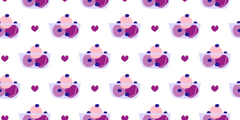 Fototapeta premium Cute seamless pattern with flat blueberry ice cream in bowl on white background.