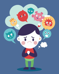 A character with a thought bubble full of negative comments and insults from their inner critic.. Vector illustration