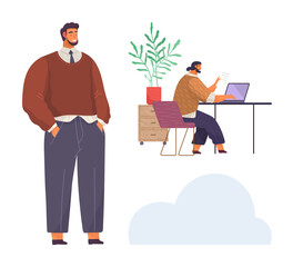 Confident man standing hands in pockets, colleague seated at desk using laptop, potted plant, cloud decor. Ideal for teamwork, productivity, office environment, collaboration, leadership