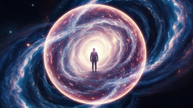 Silhouette enters cosmic portal: journey through space and time in a surreal vortex