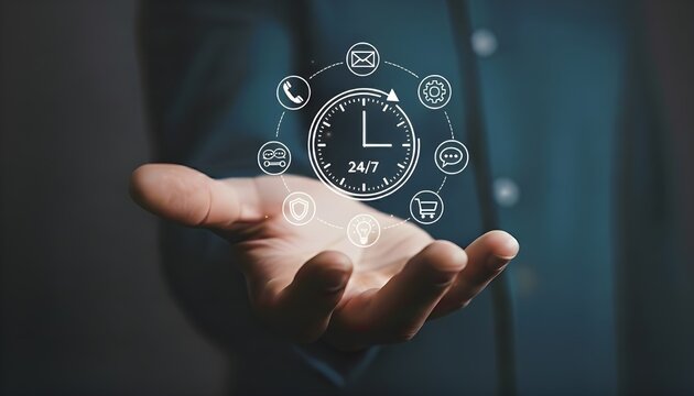 Customer service 247 concept with icons around clock and hand holding it, representing constant support and availability for business