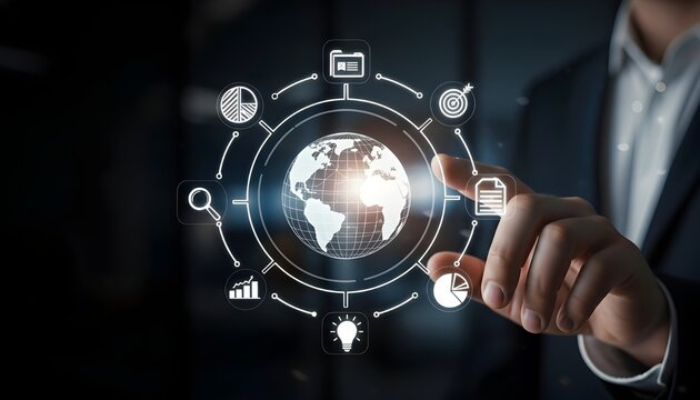 Closeup of a businessmans hand interacting with a digital interface displaying a globe surrounded by business icons, representing global connectivity and digital solutions