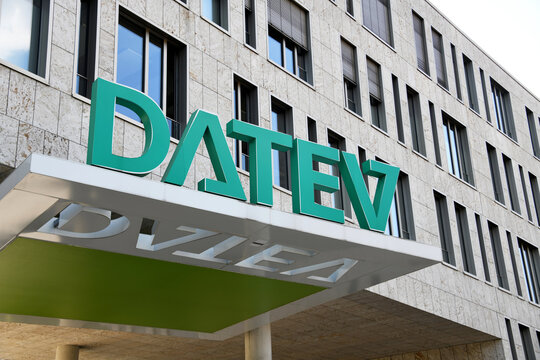 Nuremberg, Bavaria, Germany - July 4, 2025: Headquarters of DATEV in Nuremberg, Germany - DATEV eG is a technical information service provider for tax, accountant and attorneys