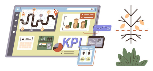 Naklejka na ściany i meble Data dashboard with charts, financial growth metrics, KPI tracking, process map, and tree representing growth. Ideal for business success, performance tracking, strategy, analytics technology