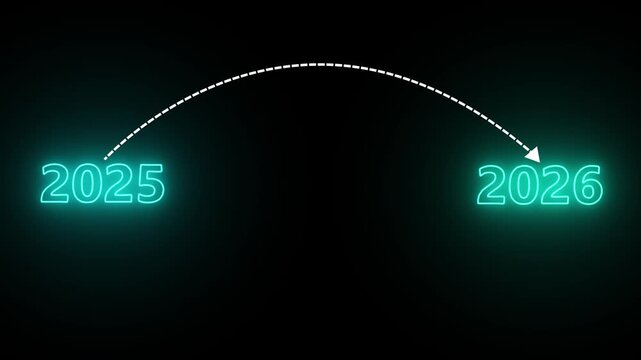  Progress From 2025 to 2026 New Year Concept. Animation of Glowing neon goodbye 2025 and welcoming the new year 2026.  2026 concept of new year beginning, happy celebration, festival, new life.