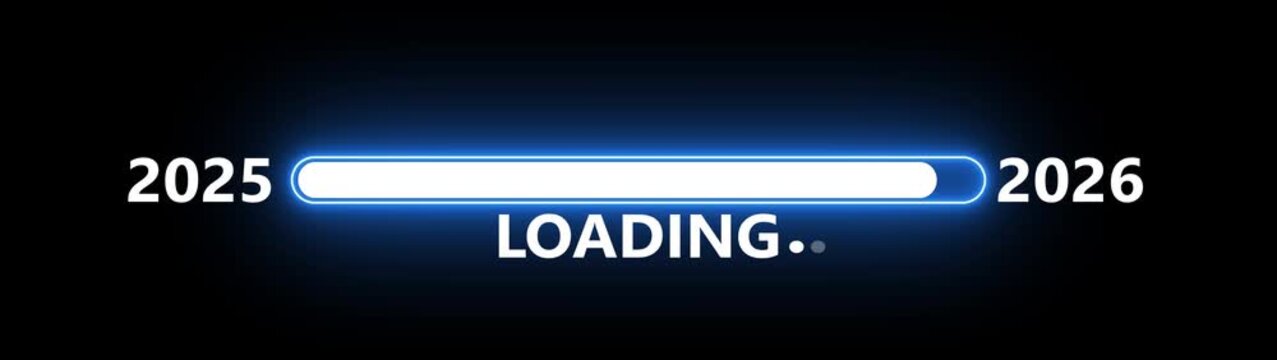  New year 2026 loading bar animation Year changing from 2025 to 2026. Loading bar from 2025 to 2026 new year transfer animation. Almost reaching New Year on black background.