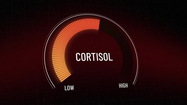Digital cortisol stress hormone level gauge decreasing, indicator dropping from high danger zone to low normal range, health monitoring, black background, Copy space