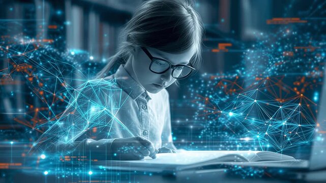 Futuristic Education &ndash; Young Girl Learning with AI Neural Network Visualization