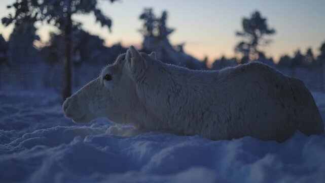 Exquisite albino reindeer rests in fresh snow in Northern Norway. Soft breath in the Arctic air