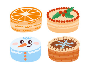 Bento cakes. Christmas small sweets, sugar confectionery, mini pastry snowman, snowflake and orange fruit. New Year cute present. Flat style isolated vector set.