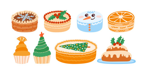 Christmas cake set. Collection of festive cakes or cute winter holiday pies. Holiday pudding, xmas bento cakes, cupcakes. Vector illustration isolated on white.