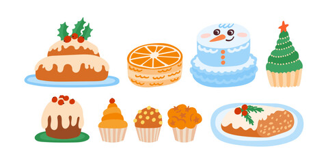 Christmas cake set. Collection of festive cakes or cute winter holiday pies. Holiday pudding, xmas bento cakes, cupcakes, stollen traditional pastry. Vector illustration collection isolated on white.