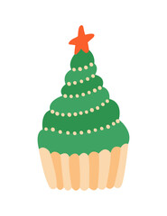 Cute Christmas cupcake in the shape of a Christmas tree with green cream. Festive delicious baking hand drawn vector illustration.