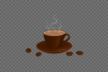 A cup of coffee and coffee beans isolated on a transparent background. Vector illustration.