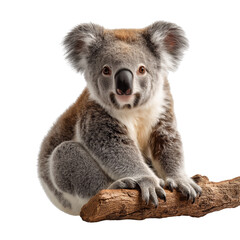 Fototapeta premium Cute koala resting on a tree branch, gripping bark with furry paws, calm expression, soft grey fur, surrounded by natural greenery isolateed on white or transparent png 