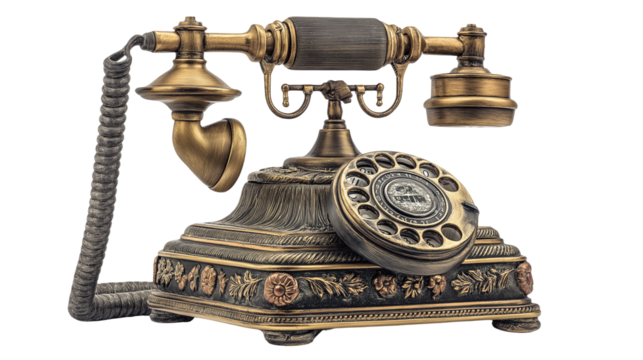 Antique retro telephone isolated on white background or transparent png, classic rotary dial phone with vintage design and nostalgic charm.