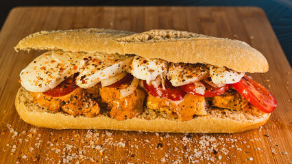 Healthy baguette sandwich with chopped chicken breast, fresh tomato, and Italian mozzarella. Perfect for a light lunch or nutritious meal. Fresh and flavorful.