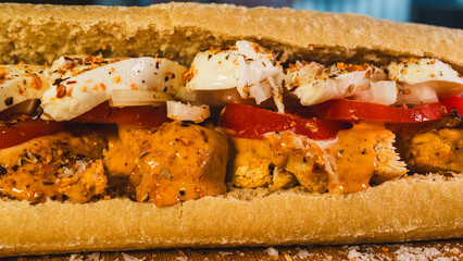 Healthy baguette sandwich with chopped chicken breast, fresh tomato, and Italian mozzarella. Perfect for a light lunch or nutritious meal. Fresh and flavorful.