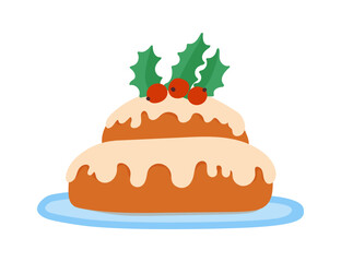 Christmas traditional cake with holy berries. Festive gingerbread glazed cake. Flat vector illustration isolated on white background.