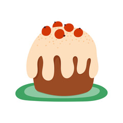 Christmas glazed cake with holy berries. Cute festive gingerbread pastry. Flat vector illustration isolated on white background.