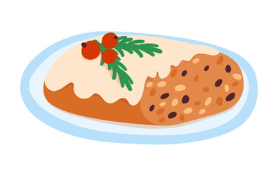 Christmas homemade stollen cake. Classic winter holidays dessert. Hand drawn vector illustration. Traditional biscuit decorated icing and Xmas holly berries.
