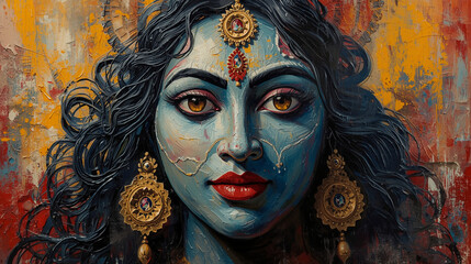 Oil Painting of Goddess Maa Kali Face in Classic Fine Art Style, Hindu Festival Kali Puja