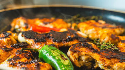 Boneless chicken thighs sizzling in a pan, developing a golden brown crust. Juicy and perfectly cooking. Ideal for meals, salads, or quick dinners.