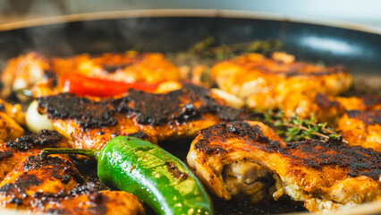 Boneless chicken thighs sizzling in a pan, developing a golden brown crust. Juicy and perfectly cooking. Ideal for meals, salads, or quick dinners.