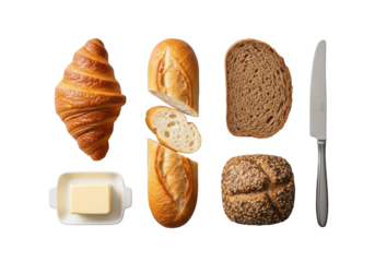 Pristine still life of artisan breads, butter, and sleek bread knife arranged on a transparent background, high-end commercial food photography