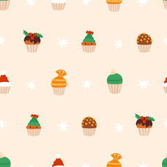 Cute Christmas cupcakes with icing and cream. Seamless pattern for holiday wrapping paper, fabric, textile. Vector hand drawn illustration.