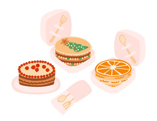 Cute Christmas bento cakes set. New year celebration biscuits in individual packaging. Vector hand drawn illustration.