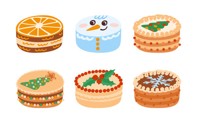 Collection of cute Christmas cakes. New year celebration design biscuits. Vector hand drawn illustration set.