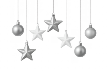 Silver christmas bauble and star ornaments hanging