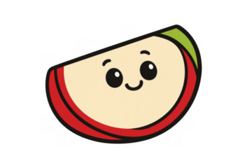 Cute kawaii apple slice character smiling, fresh fruit cartoon drawing, healthy snack concept with happy face