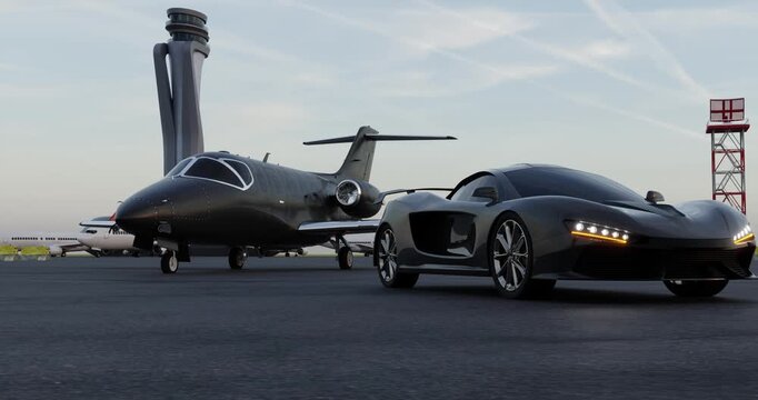 Sports car and private jet on airport tarmac
