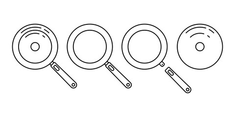 Frying pan with a removable handle and lid icon. Black outline line silhouette. Editable strokes. Top view. Vector simple flat graphic illustration. Isolated object on a white background.