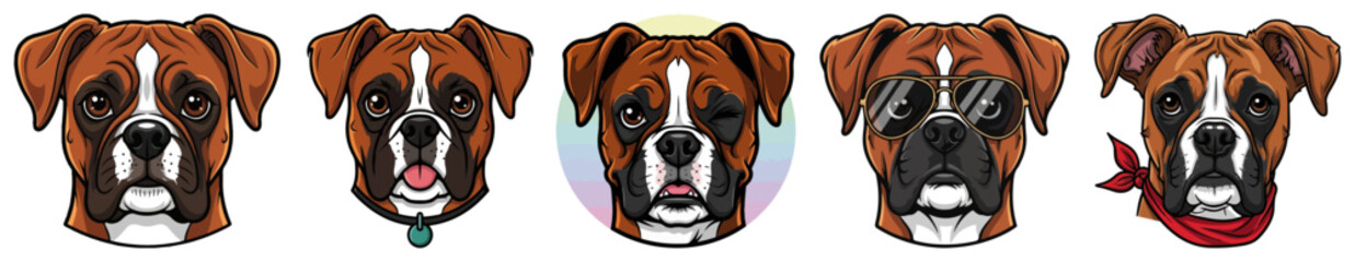 Boxer Dog Faces Set – Collection of Five Expressive Brown Puppy Heads with Accessories Cartoon Vector Icons