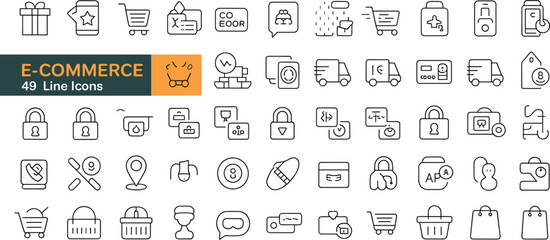 E-commerce line icons set, minimalist shopping symbols, digital commerce visuals, online store UI elements, outline style, perfect for web and app design