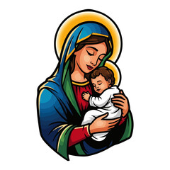 Madonna and Child – Blessed Virgin Mary Cradling Infant Jesus Holy Mother Icon Christian Religious Vector Illustration