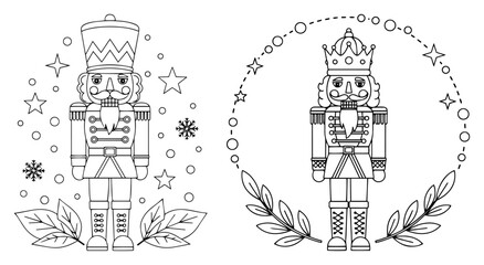 Nutcracker Soldier Coloring Page Set – Festive Christmas Toy Guard Outline with Stars, Snowflakes and Laurel Wreath Vector Illustration